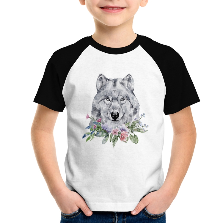 Camiseta Raglan Infantil Lobo e Flores