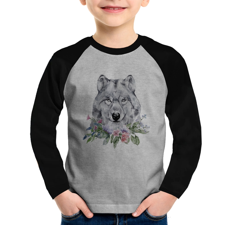 Camiseta Raglan Infantil Lobo e Flores Manga Longa - Cinza/Preto