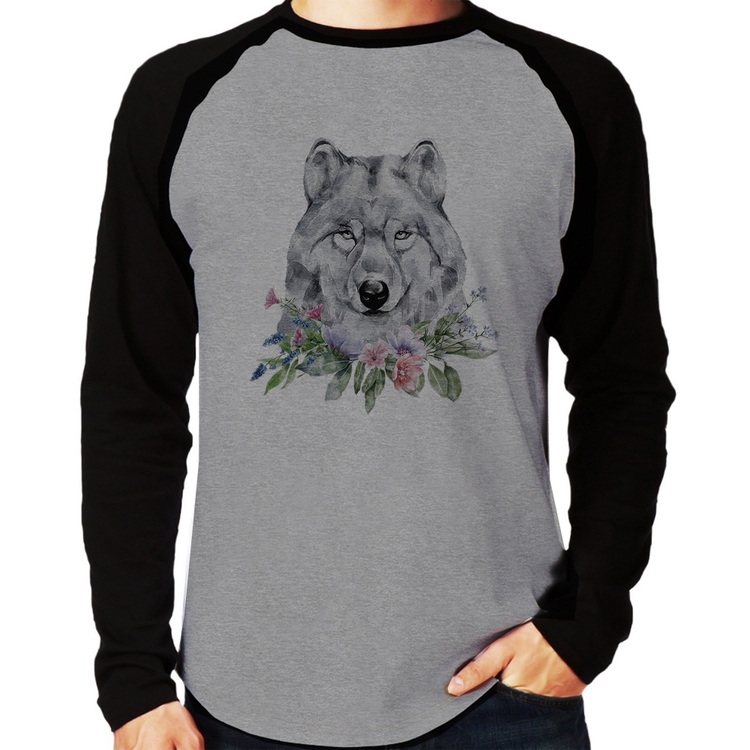 Camiseta Raglan Lobo e Flores Manga Longa - Cinza/Preto