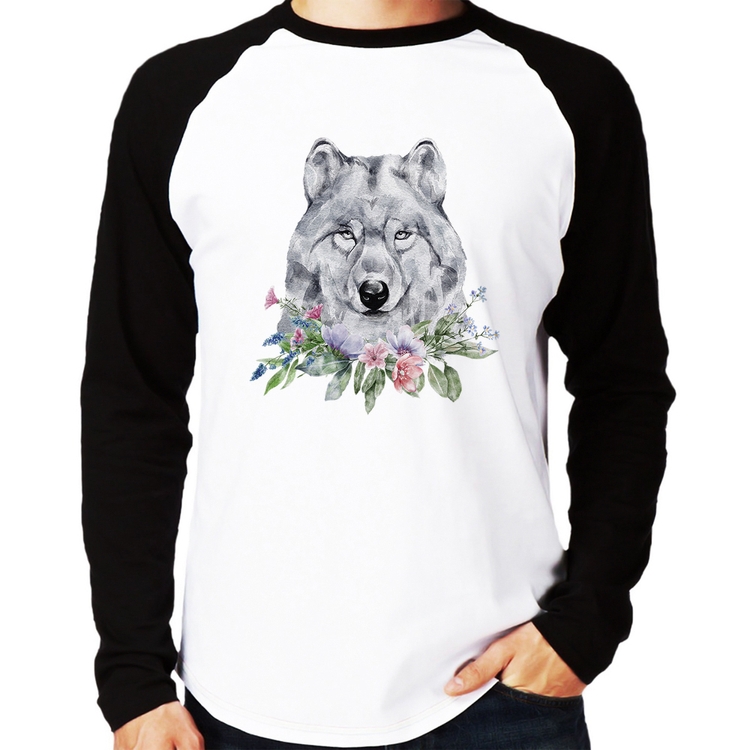 Camiseta Raglan Lobo e Flores Manga Longa