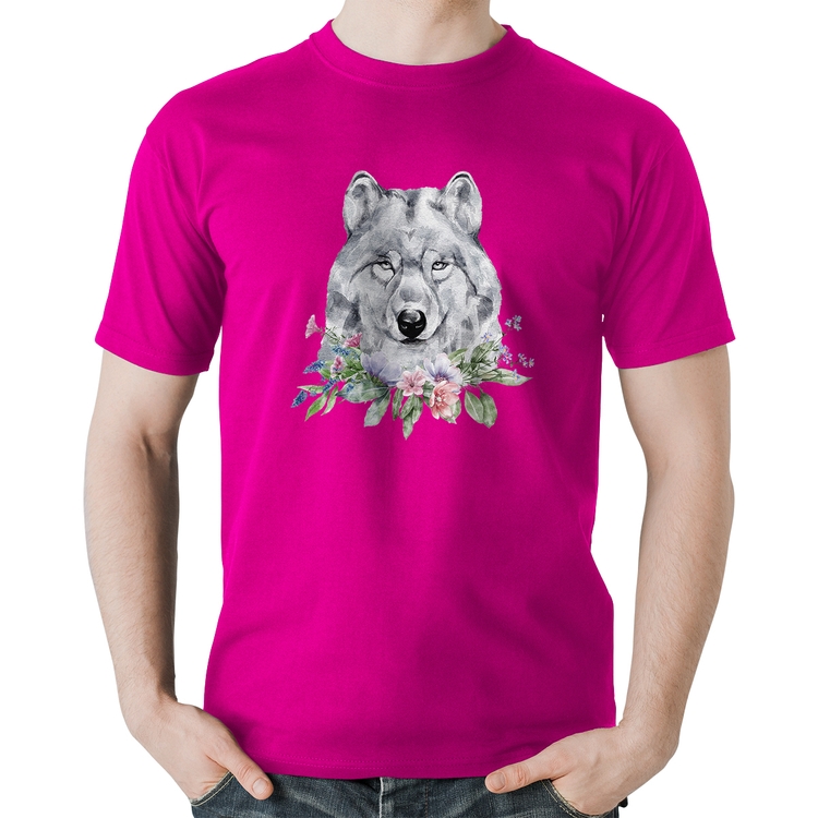 Camiseta Algodão Lobo e Flores - Rosa