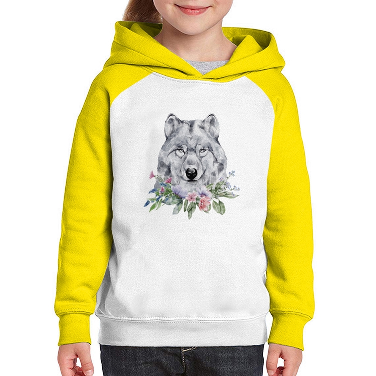 Moletom Infantil Lobo e Flores - Branco/Amarelo