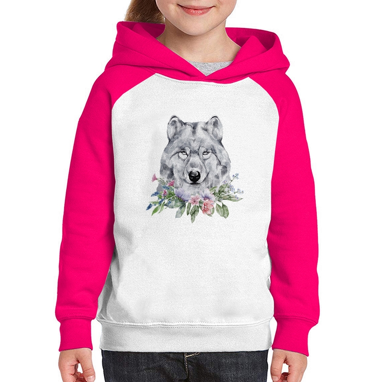 Moletom Infantil Lobo e Flores - Branco/Rosa