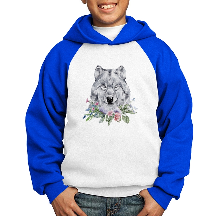 Moletom Infantil Lobo e Flores - Branco/Azul