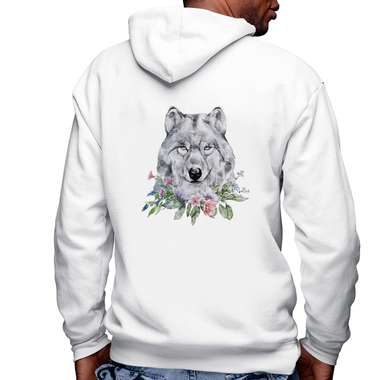 Blusa Moletom Lobo e Flores Masculina com Capuz e Zíper - Branca