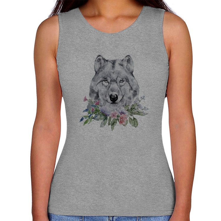 Regata Feminina Lobo e Flores - Cinza