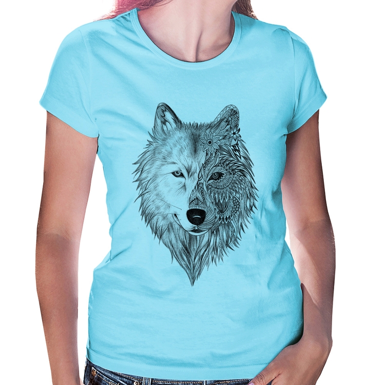 Baby Look Lobo Mandala - Azul Bebê