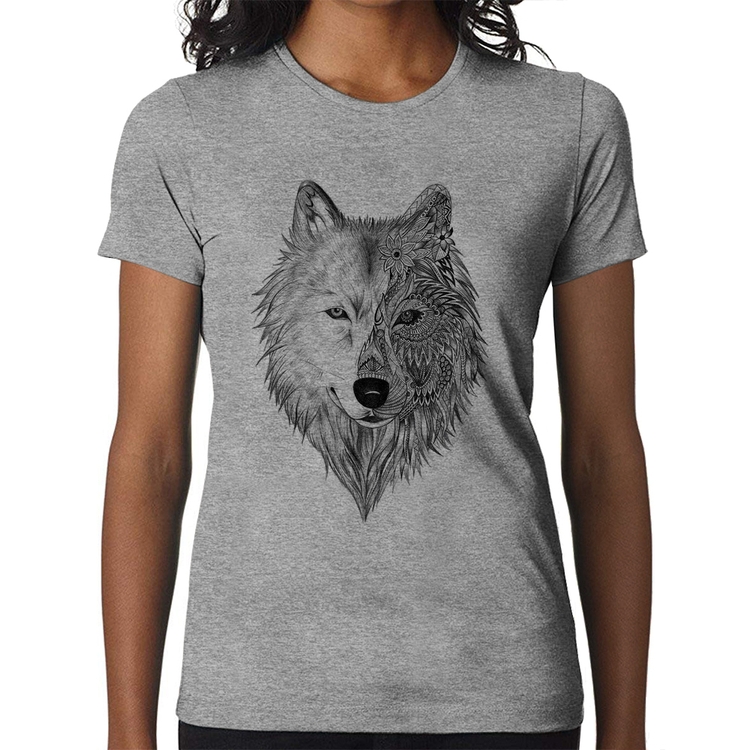 Baby Look Lobo Mandala - Cinza