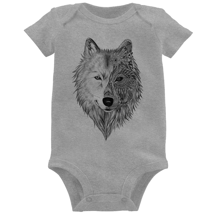 Body Bebê Lobo Mandala - Cinza