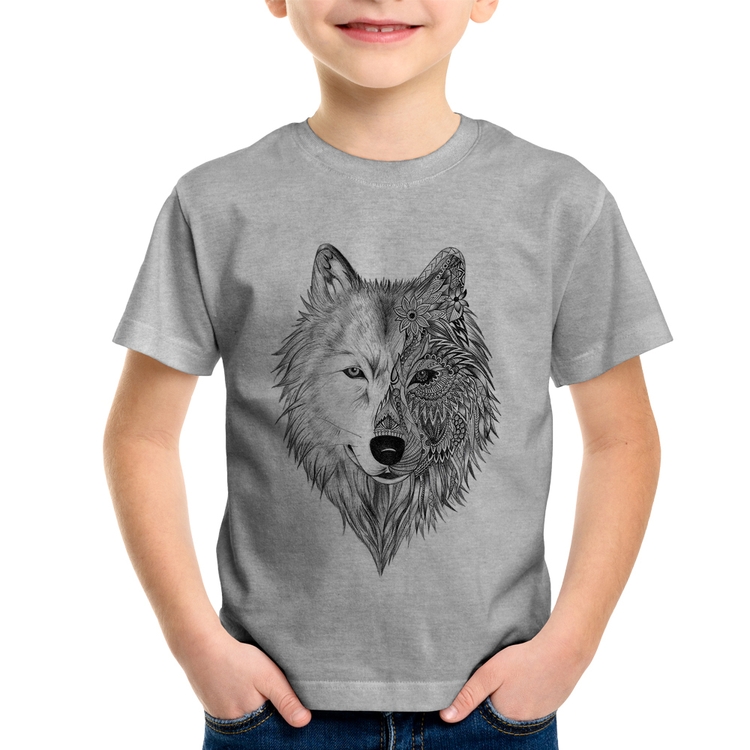 Camiseta Infantil Lobo Mandala - Cinza