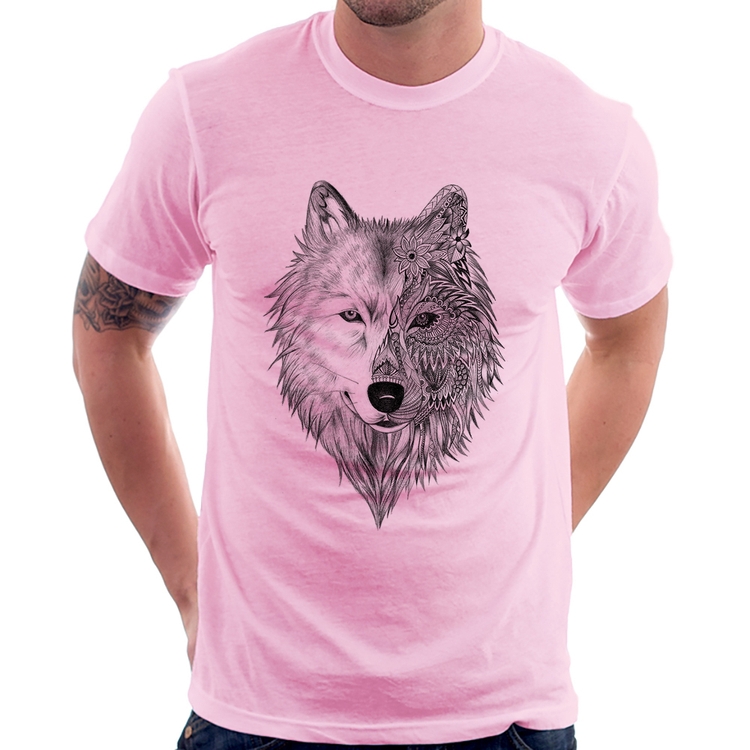 Camiseta Lobo Mandala - Rosa Bebê