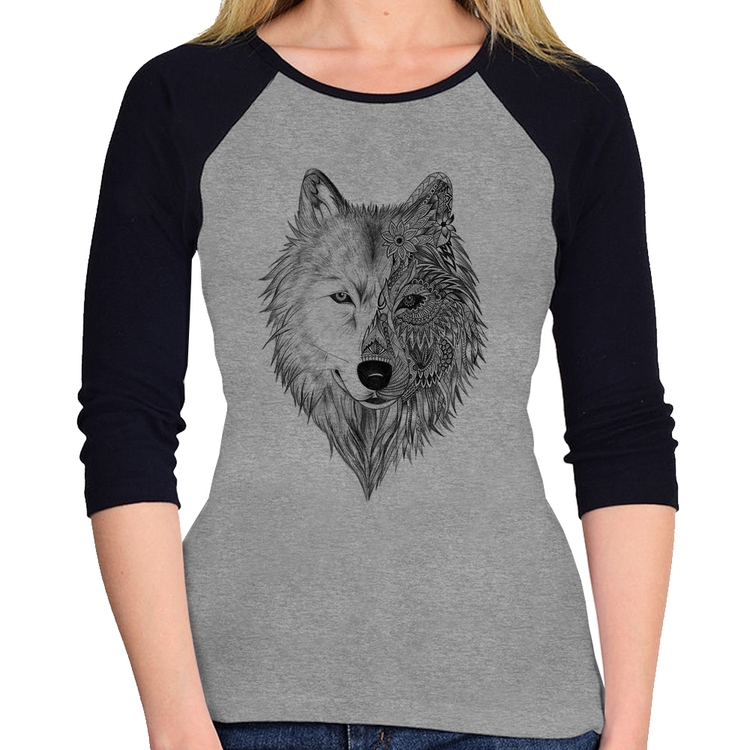 Baby Look Raglan Lobo Mandala Manga 3/4 - Cinza/Preto