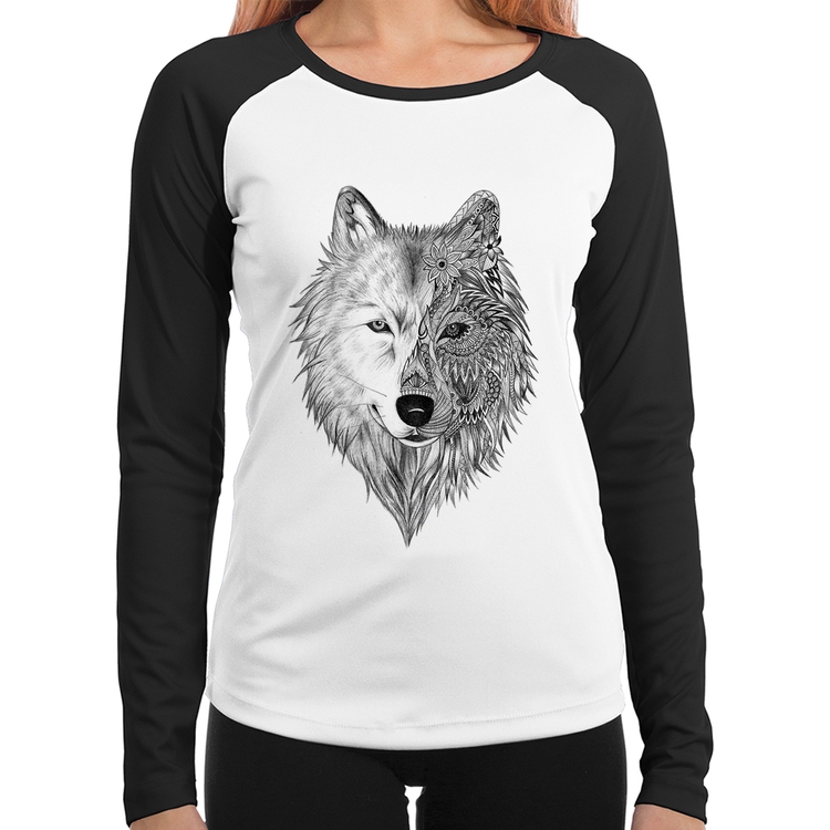 Baby Look Raglan Lobo Mandala Manga Longa