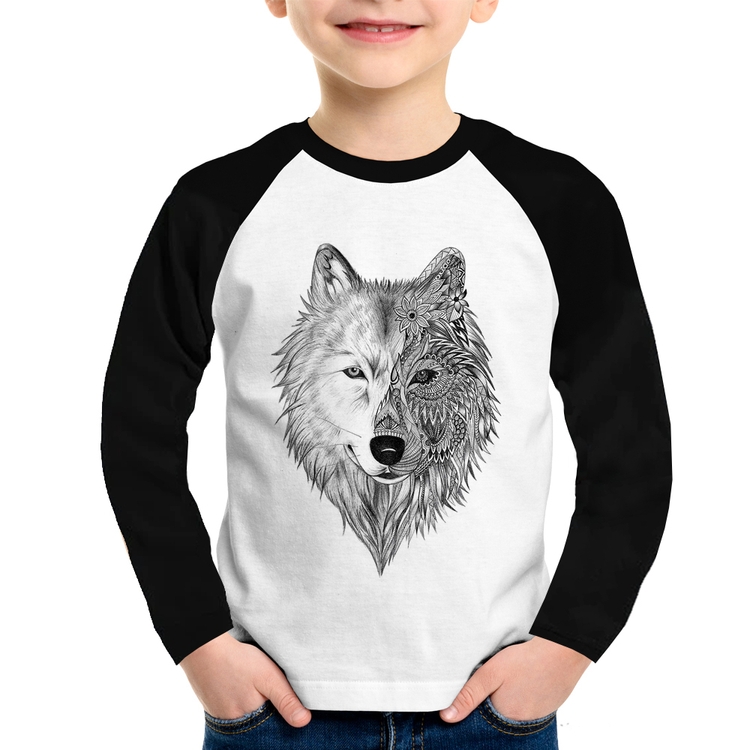 Camiseta Raglan Infantil Lobo Mandala Manga Longa