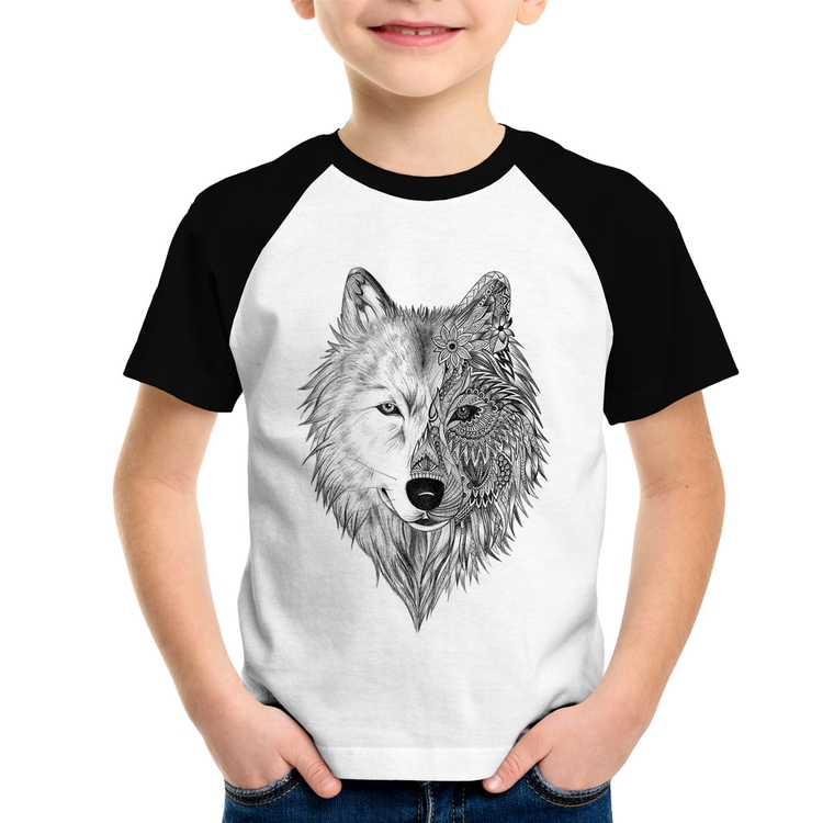 Camiseta Raglan Infantil Lobo Mandala