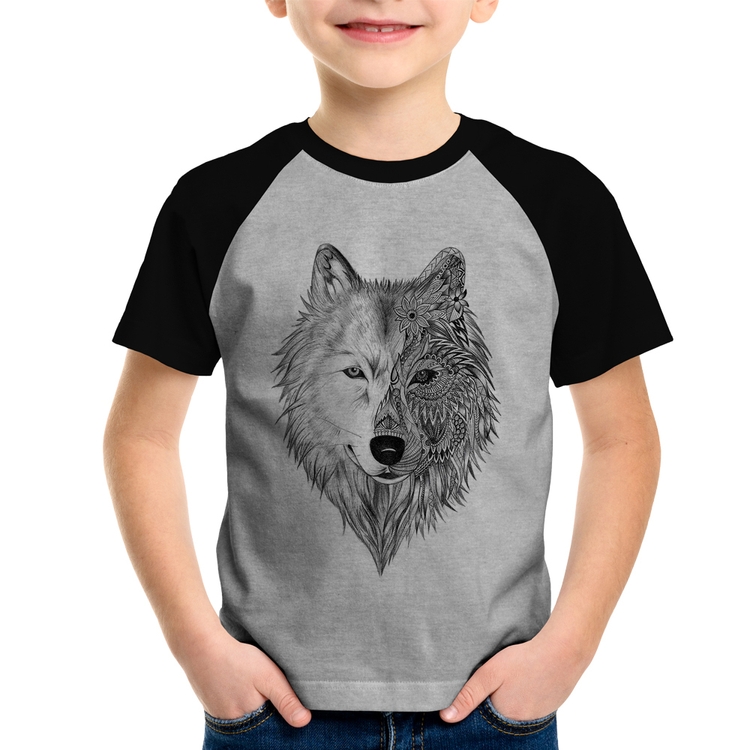 Camiseta Raglan Infantil Lobo Mandala - Cinza/Preto