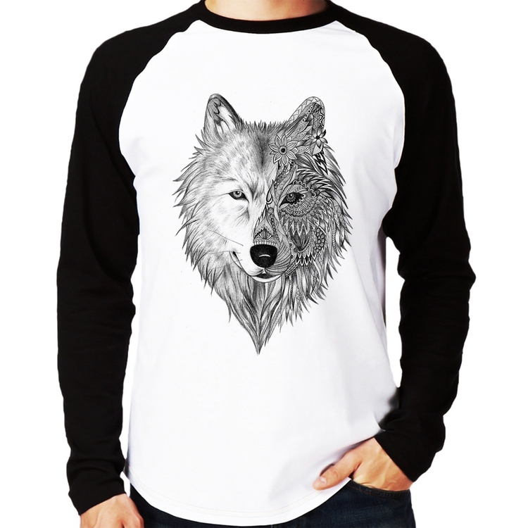 Camiseta Raglan Lobo Mandala Manga Longa