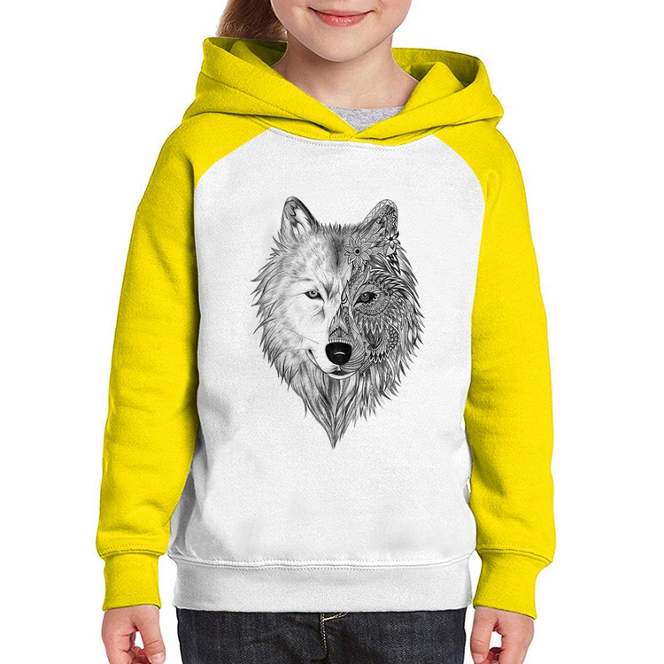 Moletom Infantil Lobo Mandala - Branco/Amarelo