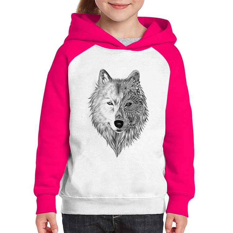 Moletom Infantil Lobo Mandala - Branco/Rosa