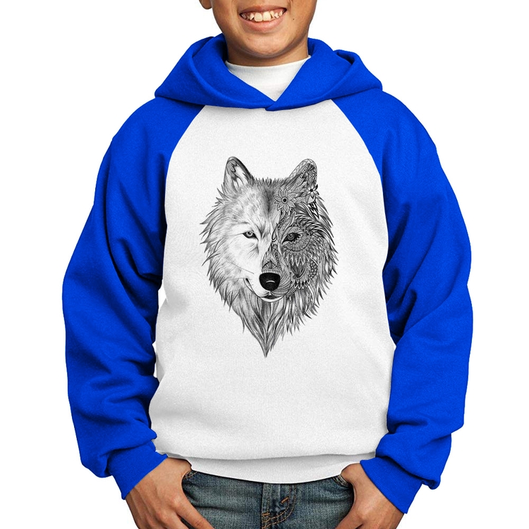 Moletom Infantil Lobo Mandala - Branco/Azul