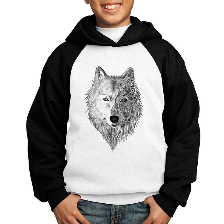 Moletom Infantil Lobo Mandala - Branco/Preto