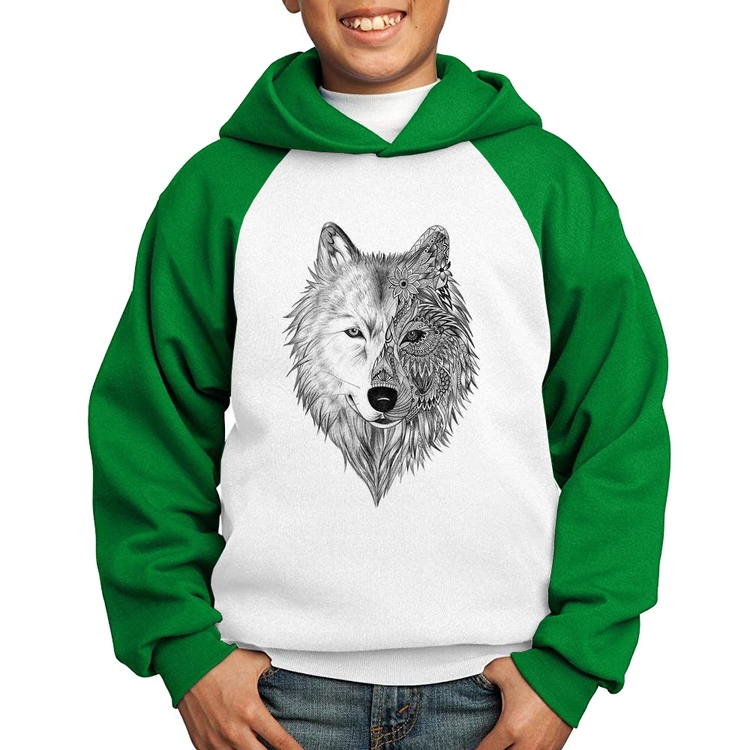 Moletom Infantil Lobo Mandala - Branco/Verde