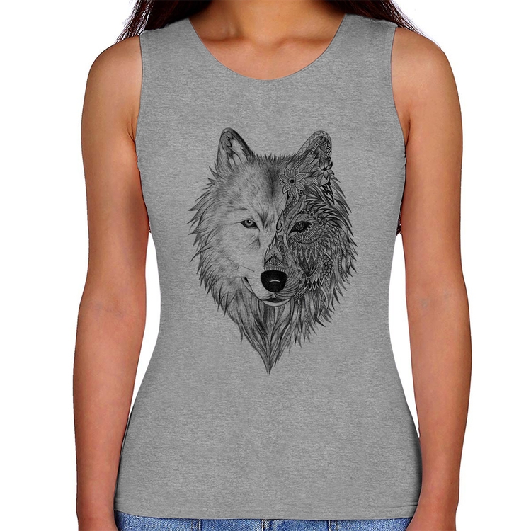 Regata Feminina Lobo Mandala - Cinza