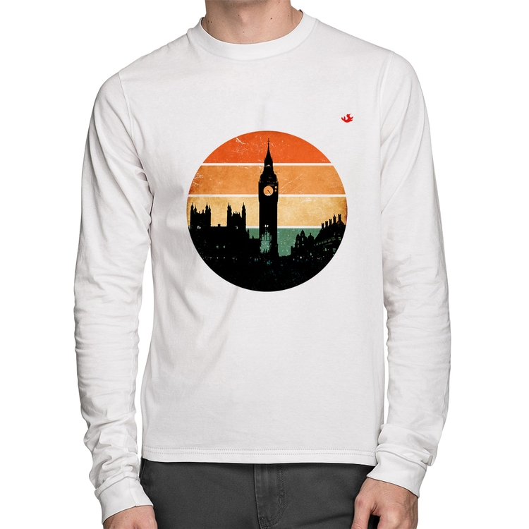 Camiseta Algodão Londres Vintage Sunset Manga Longa - Branca