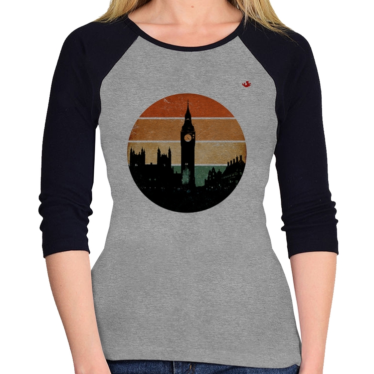 Baby Look Raglan Londres Vintage Sunset Manga 3/4 - Cinza/Preto