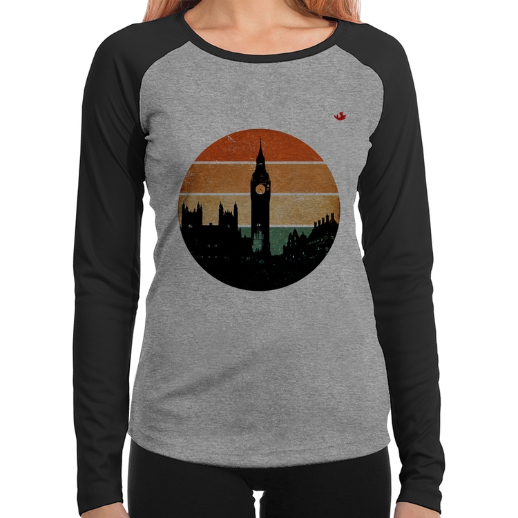 Baby Look Raglan Londres Vintage Sunset Manga Longa - Cinza/Preto