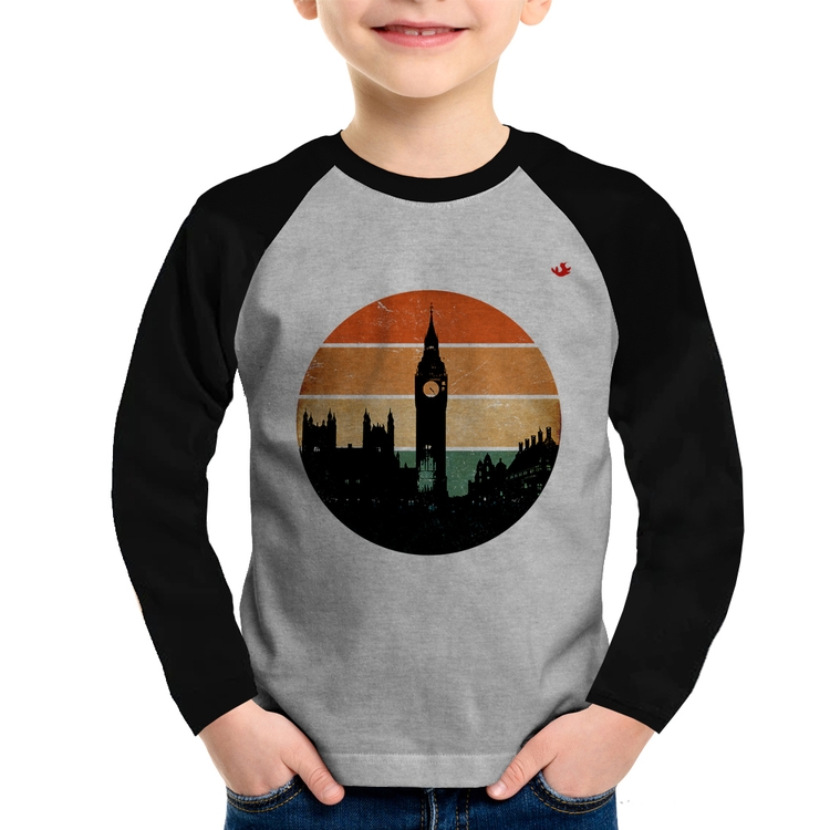 Camiseta Raglan Infantil Londres Vintage Sunset Manga Longa - Cinza/Preto