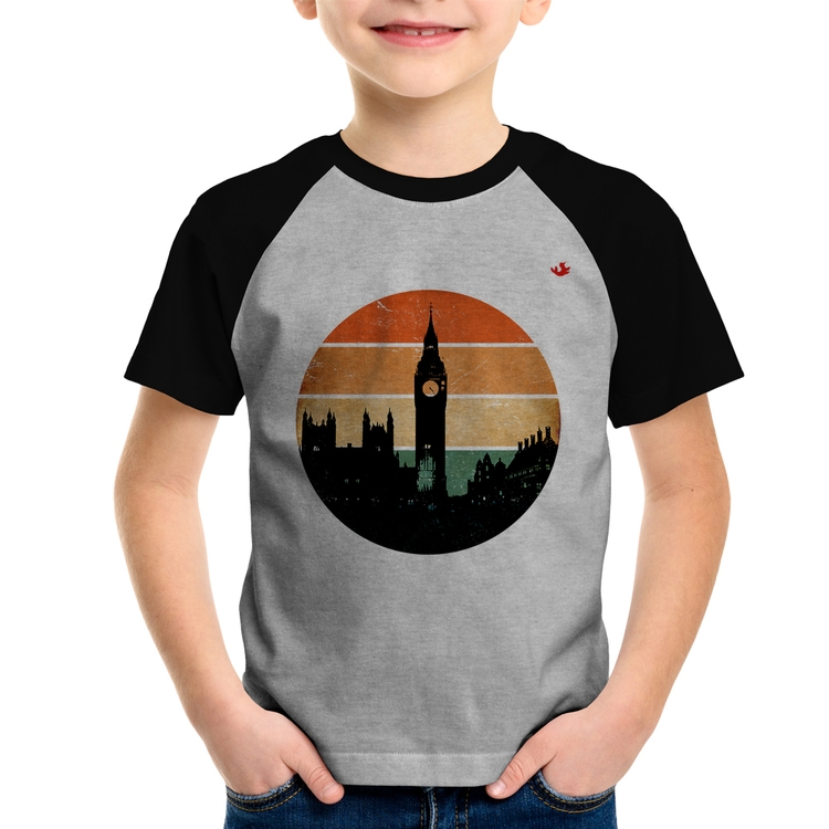 Camiseta Raglan Infantil Londres Vintage Sunset - Cinza/Preto