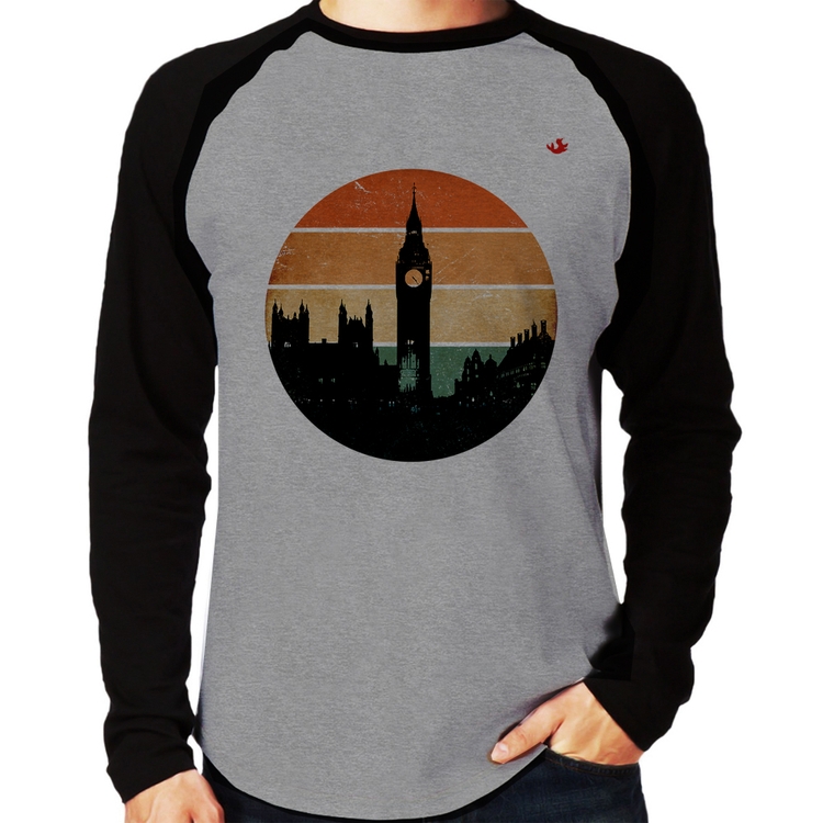 Camiseta Raglan Londres Vintage Sunset Manga Longa - Cinza/Preto