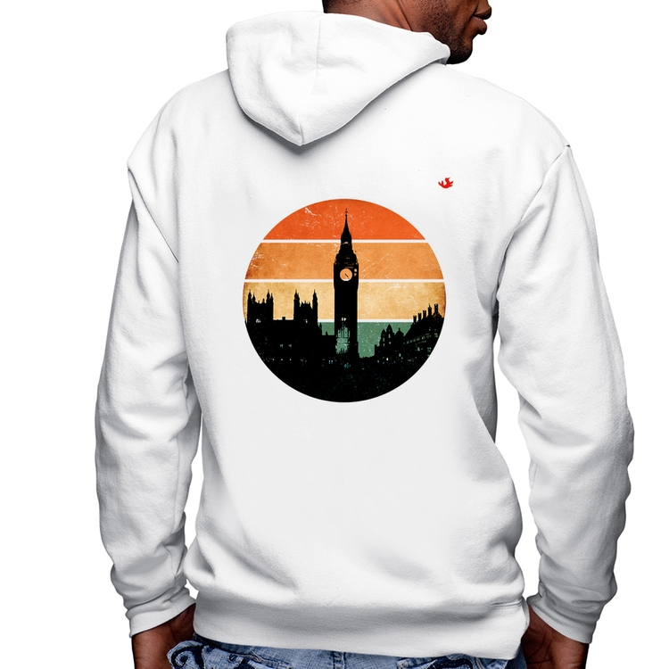 Blusa Moletom Londres Vintage Sunset Masculina com Capuz e Zíper - Branca
