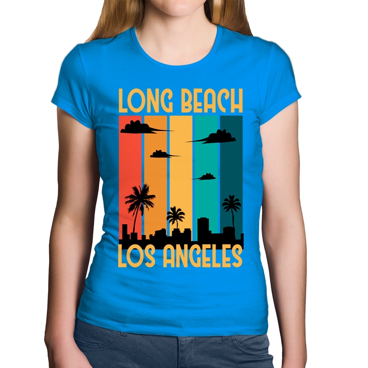 Baby Look Algodão Long Beach Los Angeles - Azul