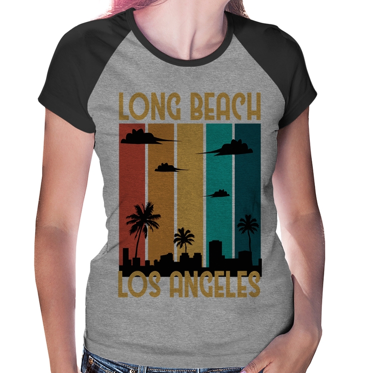 Baby Look Raglan Long Beach Los Angeles - Cinza/Preto