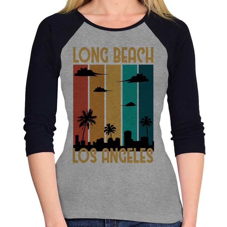 Baby Look Raglan Long Beach Los Angeles Manga 3/4 - Cinza/Preto