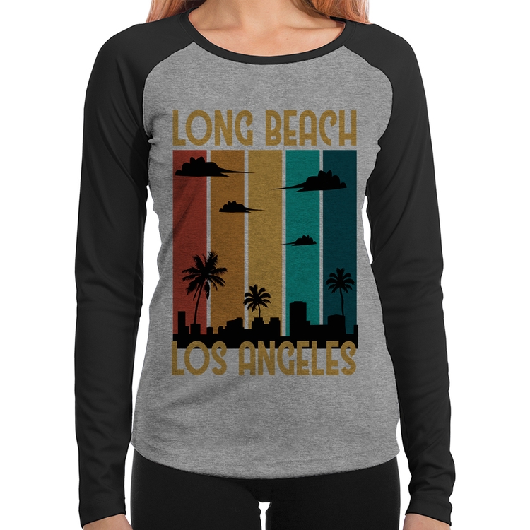 Baby Look Raglan Long Beach Los Angeles Manga Longa - Cinza/Preto
