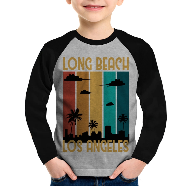Camiseta Raglan Infantil Long Beach Los Angeles Manga Longa - Cinza/Preto