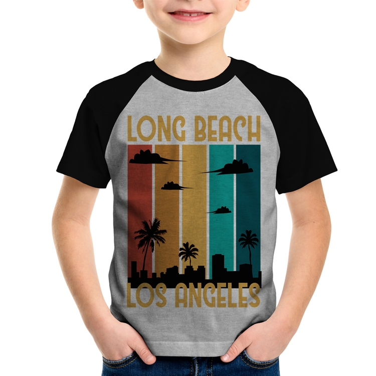 Camiseta Raglan Infantil Long Beach Los Angeles - Cinza/Preto