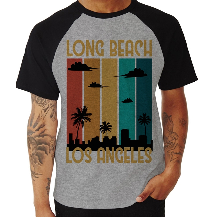 Camiseta Raglan Long Beach Los Angeles - Cinza/Preto
