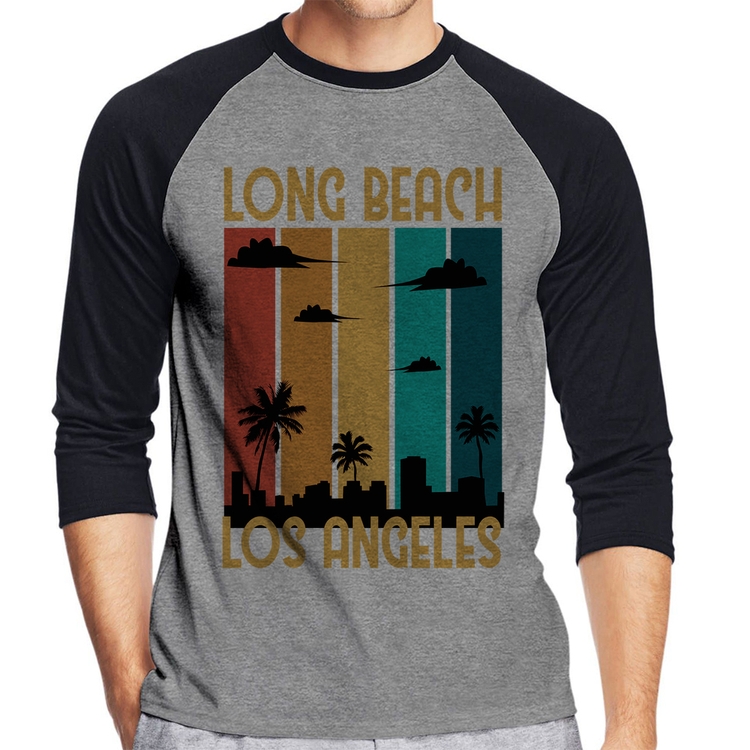 Camiseta Raglan Long Beach Los Angeles Manga 3/4 - Cinza/Preto