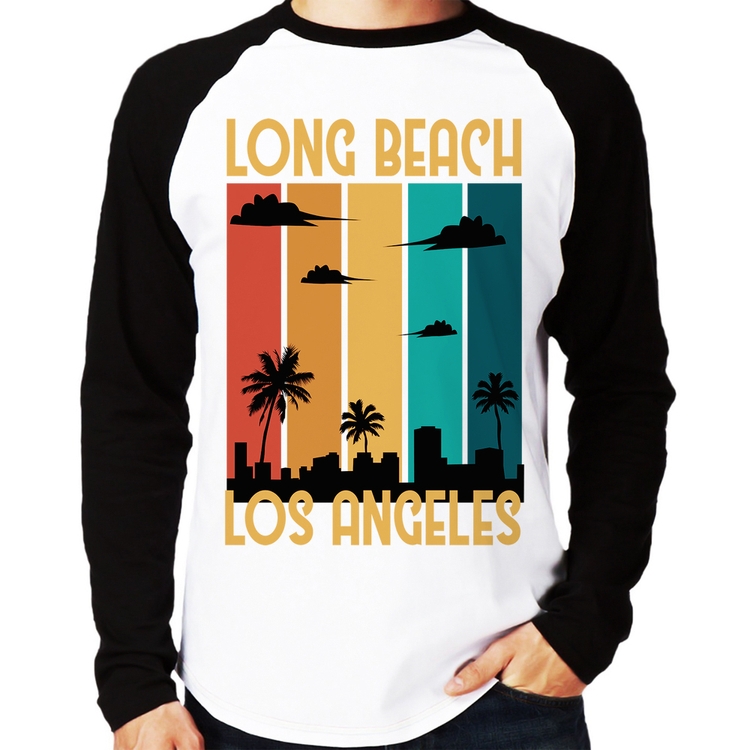 Camiseta Raglan Long Beach Los Angeles Manga Longa