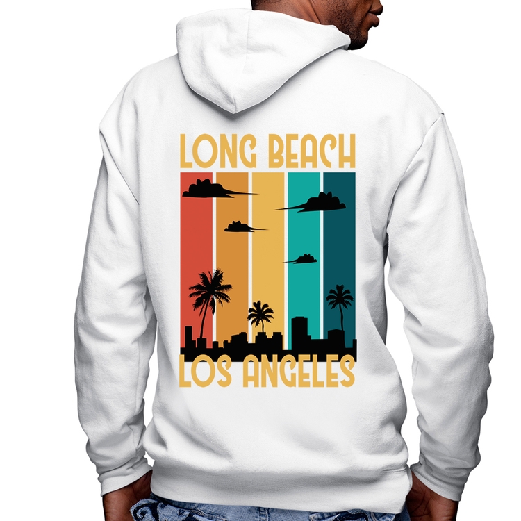 Blusa Moletom Long Beach Los Angeles Masculina com Capuz e Zíper - Branca