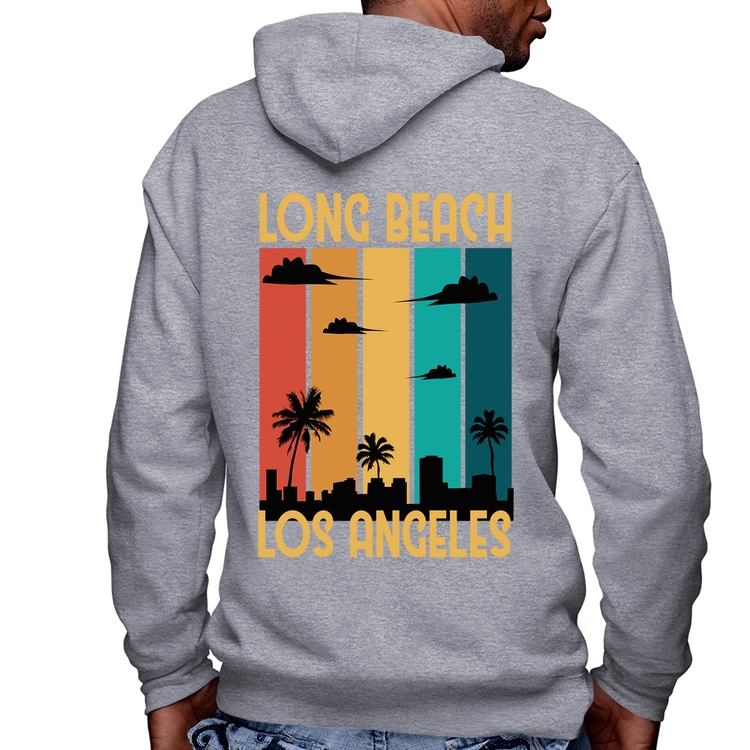 Blusa Moletom Long Beach Los Angeles Masculina com Capuz e Zíper - Mescla