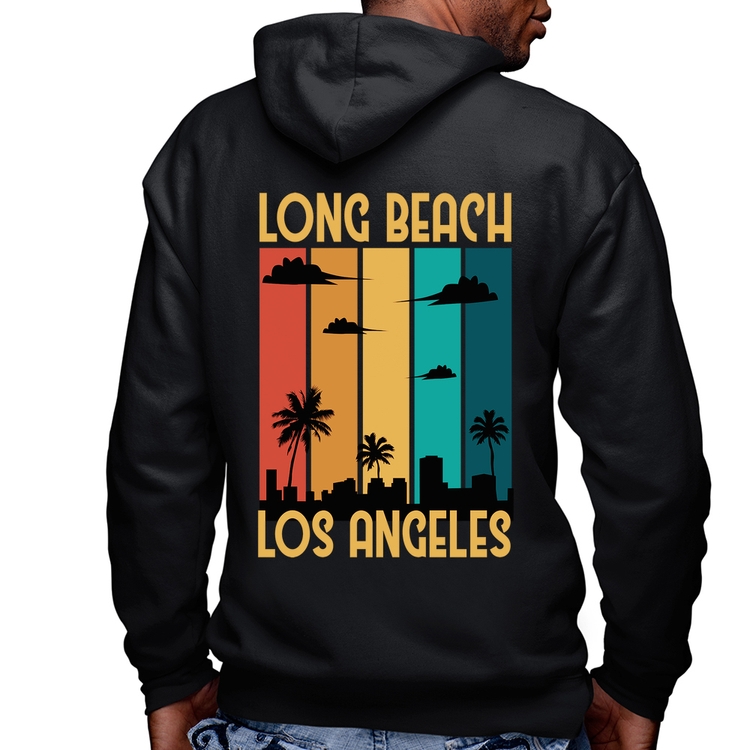 Blusa Moletom Long Beach Los Angeles Masculina com Capuz e Zíper