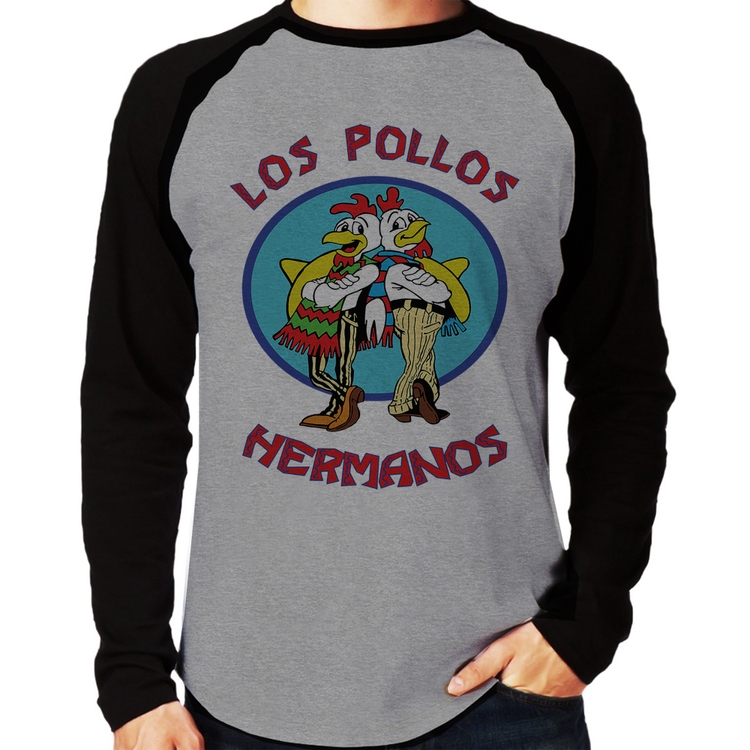 Camiseta Raglan Los Pollos Hermanos Manga Longa - Cinza/Preto