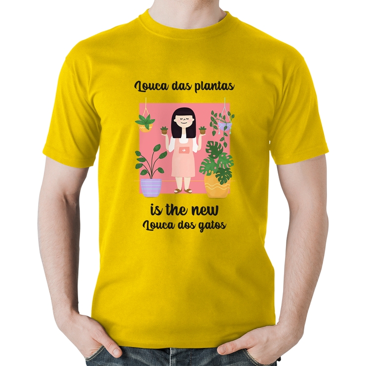 Camiseta Algodão Louca das plantas is the new louca dos gatos - Amarela