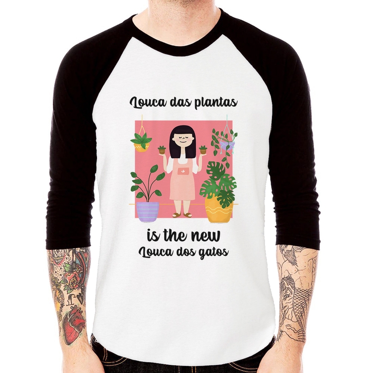 Camiseta Raglan Louca das plantas is the new louca dos gatos Manga 3/4