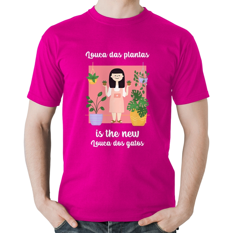 Camiseta Algodão Louca das plantas is the new louca dos gatos - Rosa